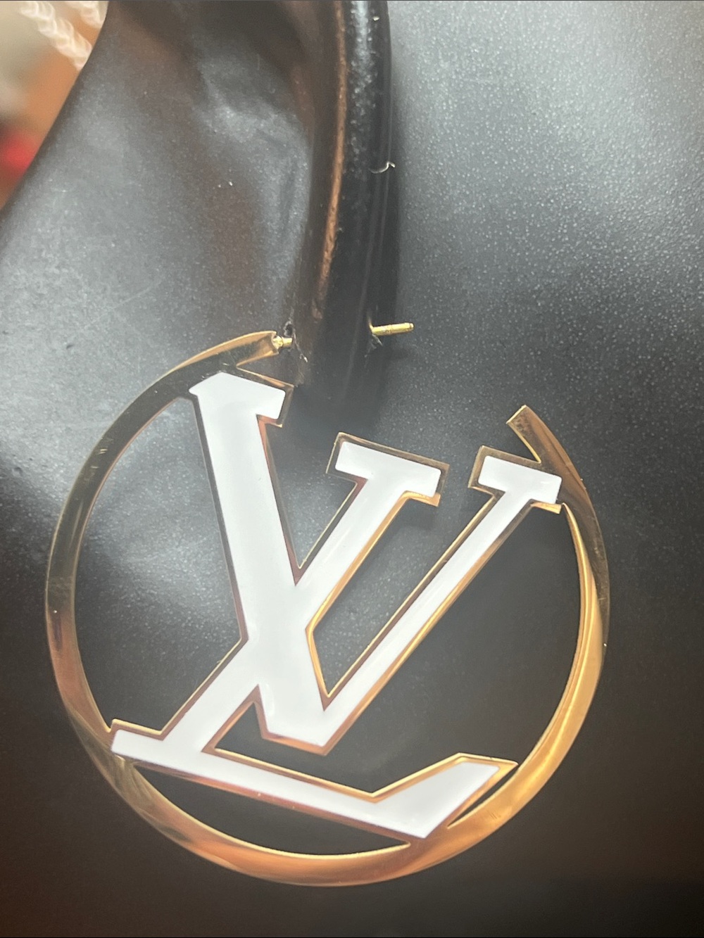 Gold Stainless Steel & White Logo Drop Earrings by